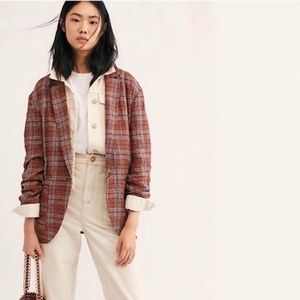 Free People Simply Plaid One Button Linen Blazer Size XS